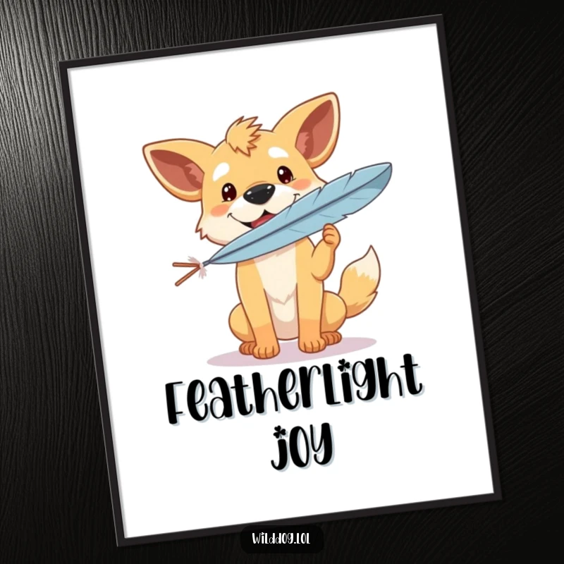 Funny digital art of a wild dog with a joyful expression hilariously balancing a feather, exuding peacefulness and gentle humor.