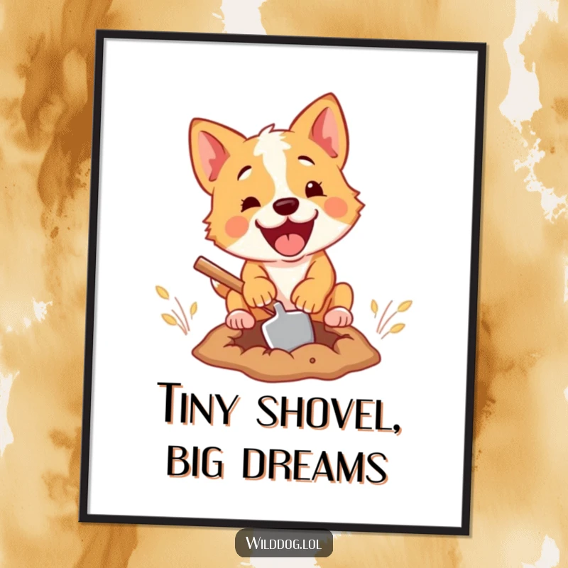 Funny digital art of a wild dog hilariously using a tiny shovel to dig a hole, radiating comical intensity and playful spirit.