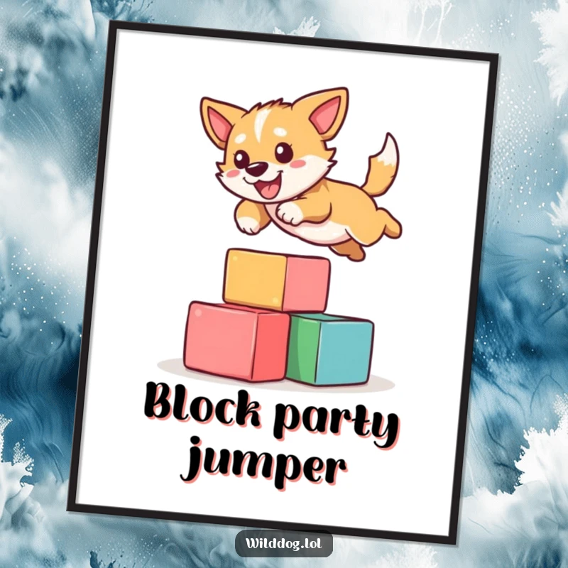 Funny digital art of a wild dog hilariously leaping over colorful blocks, capturing a moment of pure, athletic joy and playful spirit.