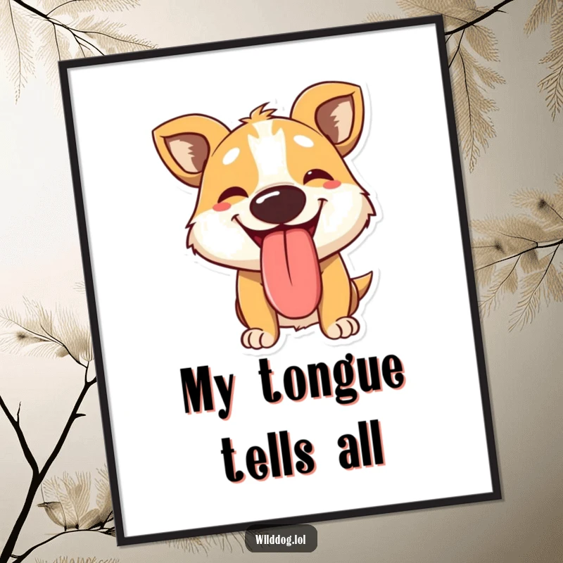 Funny digital art print of a panting wild dog character with its big, happy tongue lolling out, embodying pure, infectious canine happiness.