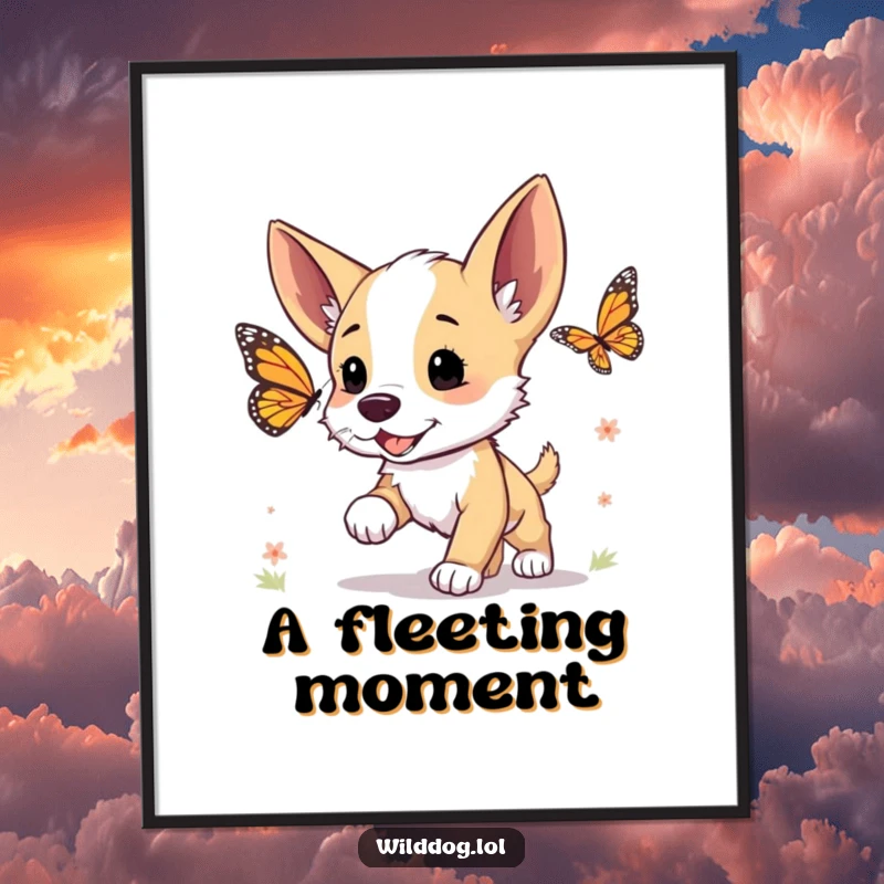 Funny digital art print of a wild dog puppy excitedly chasing a butterfly, ready for instant display.