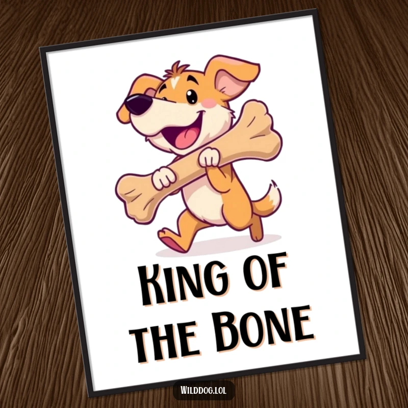 Funny wild dog digital art print of a happy dog carrying a large bone, instant decor.