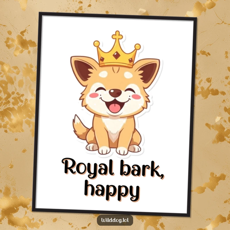 Funny digital art print of a wild dog wearing a tiny crown, barking playfully, creating a humorous and regal wall statement.