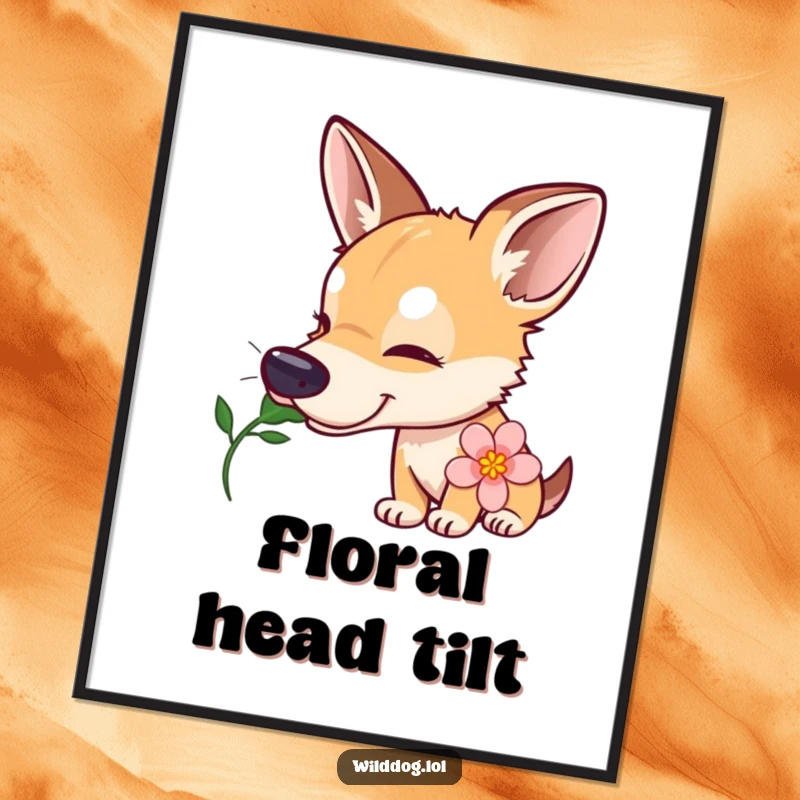 Funny wild dog digital art print showing a curious dog with a tilted head sniffing a blooming flower, embodying gentle wonder and nature's charm.