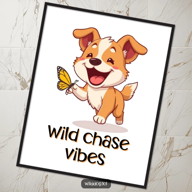 Funny wild dog digital art print showing a happy dog with a huge grin chasing a butterfly, embodying pure fun and playful energy.