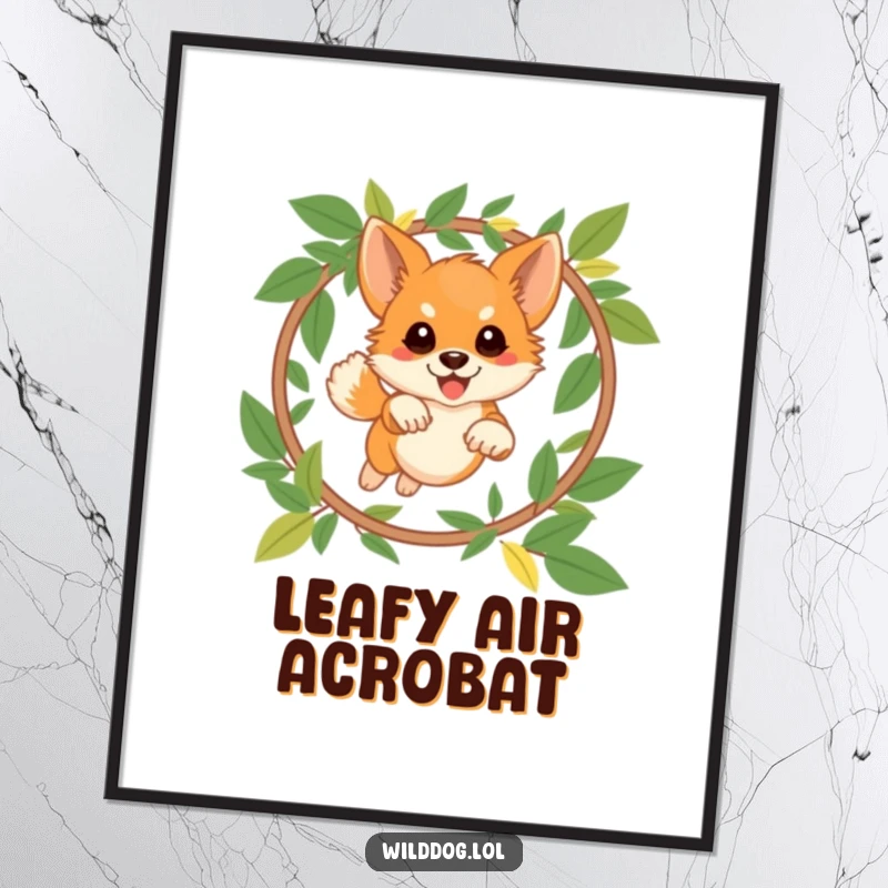 Funny wild dog digital art print showing a playful dog leaping through a hoop made of leaves, embodying agility and natural fun.