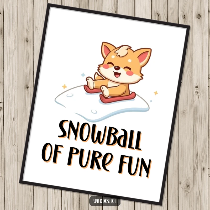 Funny wild dog sliding down a snowy hill with glee, perfect for instant digital art. Funny gift print.