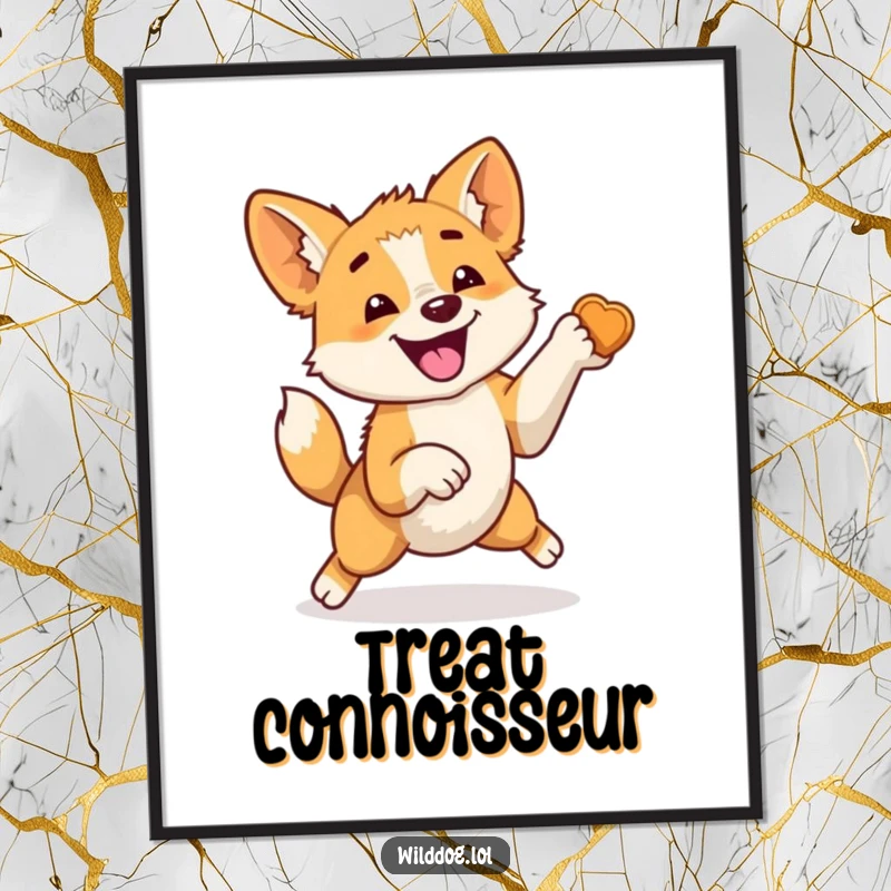 Funny digital art print of a wild dog leaping with pure exhilaration, tail a blur, eyes fixated on a treat, conveying infectious canine joy.