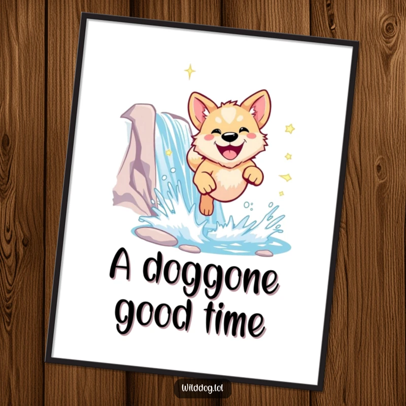 Funny wild dog digital art print of a dog leaping through a waterfall, instant decor.
