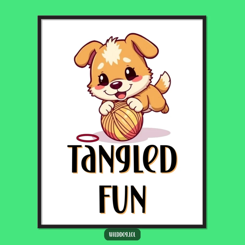 Funny Wild Dog Yarn Pounce Digital Art: Instant Action, Playful Funny Gift