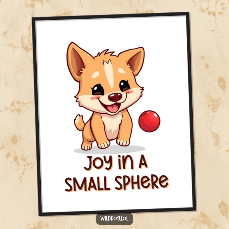 Funny digital art print of a wild dog happily bouncing a tiny red ball, adding instant playful humor and charm.