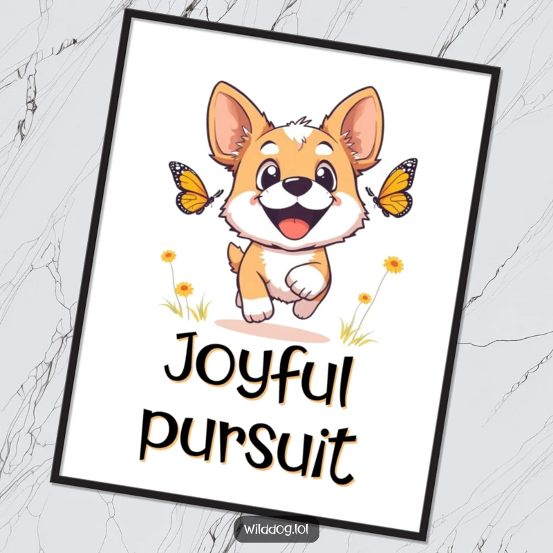 Funny wild dog digital art print of a dog with wide, joyful eyes chasing a butterfly.