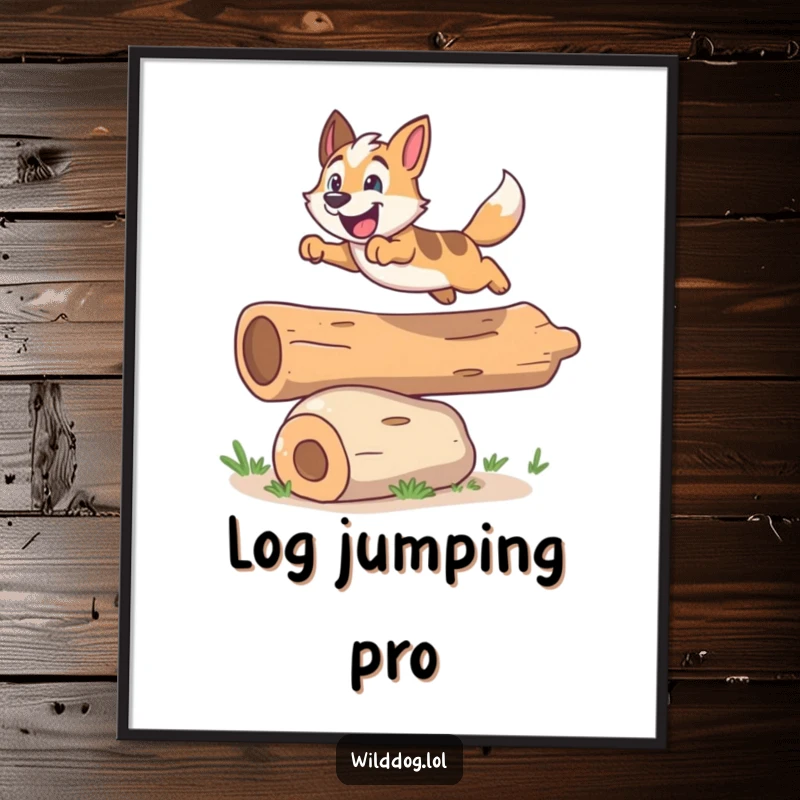 Funny digital art print of an excited wild dog energetically leaping over a small log, radiating pure fun.