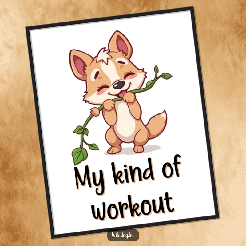 Funny digital art print of a wild dog character playfully tugging on a long vine, exuding energy, joy, and a spirit of fun.