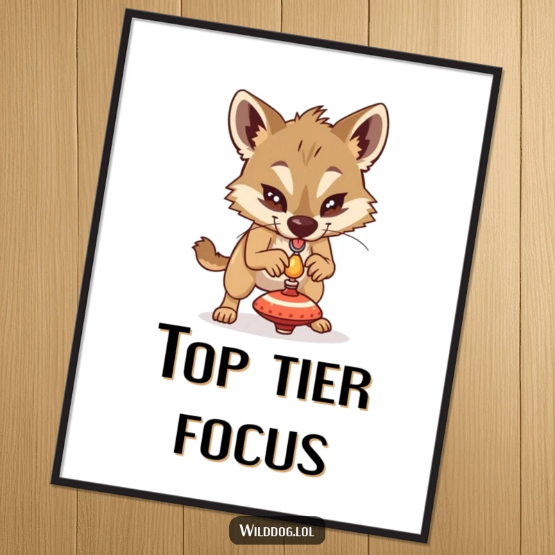 Funny wild dog intensely trying to balance a tiny spinning top, printable digital art for instant humorous and focused wall decor.