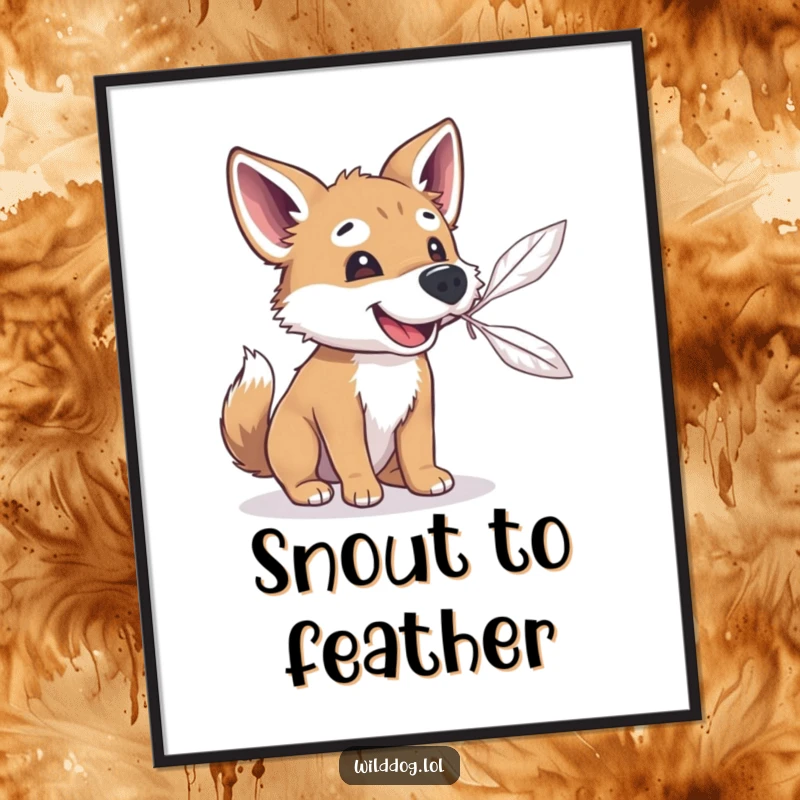 Funny wild dog attempting to catch a floating feather with its snout, printable digital art for instant humorous and playful wall decor.