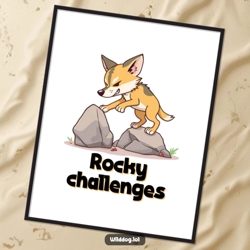 Funny Wild Dog Climbing Digital Art Print of a dog determinedly climbing a small rock.