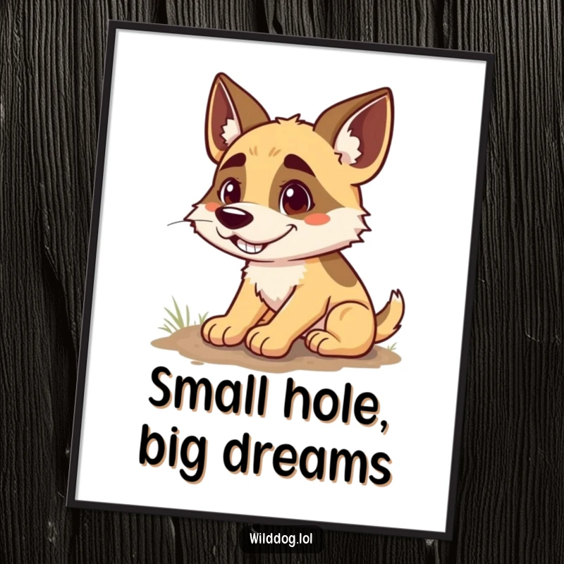 Funny digital art print of a wild dog with a wide, goofy grin, happily digging a hole, conveying pure, uninhibited canine joy and playfulness.