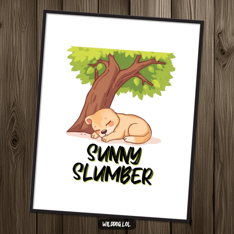 Funny Wild Dog Napping Digital Art Print of a dog sleeping peacefully under a sunny tree.