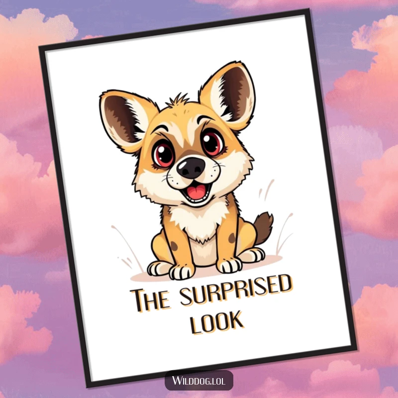 Funny digital art print of a wild dog with comically wide eyes and an open mouth, conveying a priceless expression of sudden, playful surprise.