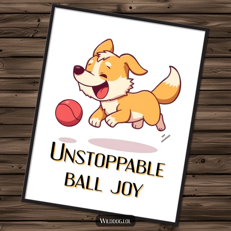 Funny digital art print of an ecstatic wild dog joyfully chasing a bouncing ball, radiating pure happiness.