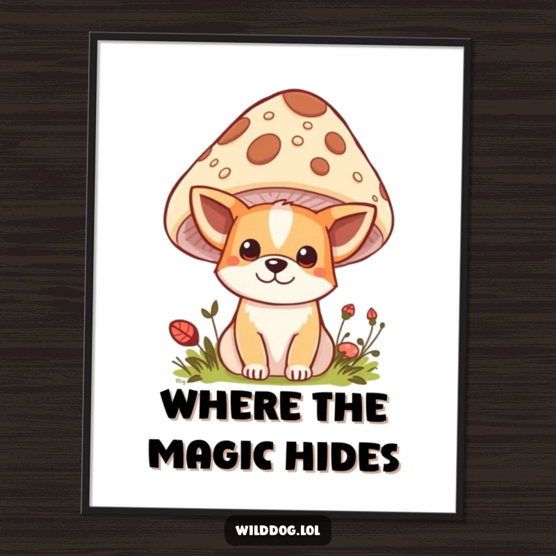 Funny Kawaii Wild Dog Digital Art Print: Cute character peeking from behind a mushroom, ready to adorn any wall space with funny charm.