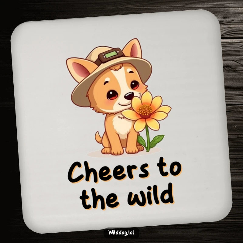 Funny explorer dog coaster, a dog in an explorer hat sniffing a giant flower, adding adventure and surface protection.