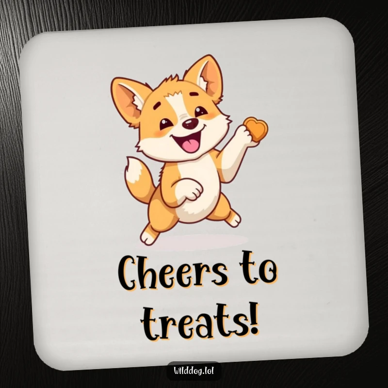 Funny drink coaster showing a wild dog jumping with intense excitement for a treat, tail wagging wildly, a humorous addition to any table.
