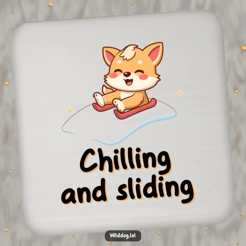 Funny wild dog sliding down a snowy hill, protecting surfaces with humor. Funny gift coaster.