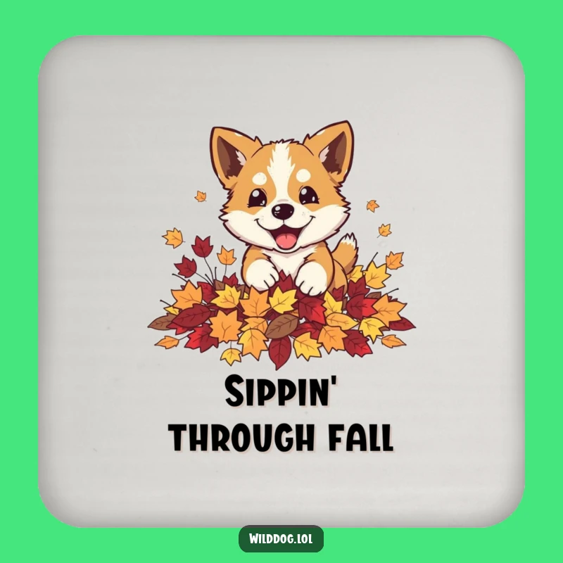 Funny Autumn Dog Leaves Coaster: Playful Fall Bar Accessory, Seasonal Gift