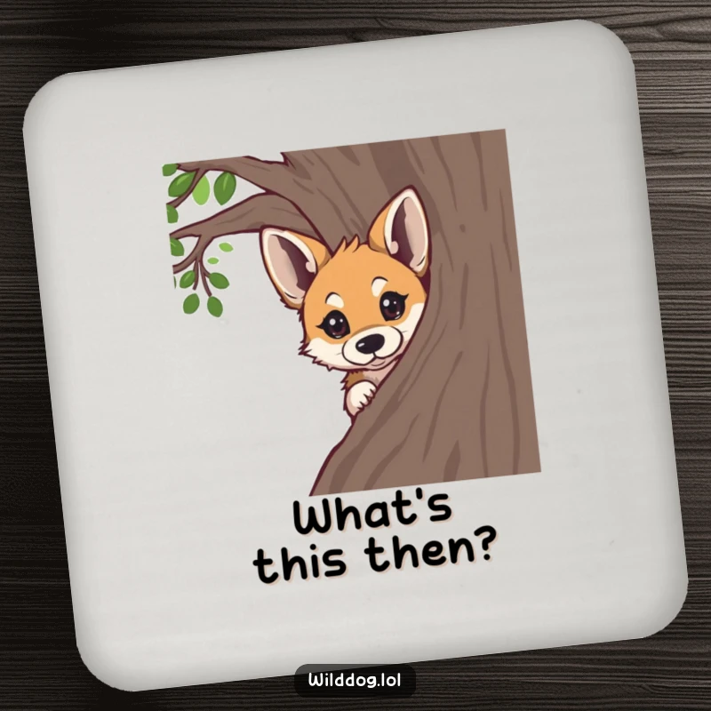Funny wild dog peeking curiously from behind a tree, on a drink coaster, for adding humor to surfaces.
