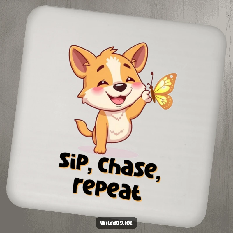 Funny drink coaster featuring a happy wild dog character with a grin chasing a shimmering butterfly.