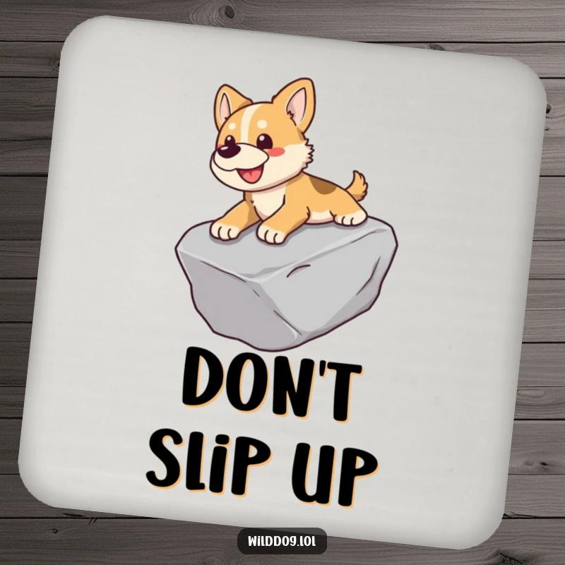 Funny drink coaster showing a wild dog in the act of sliding down a smooth rock.