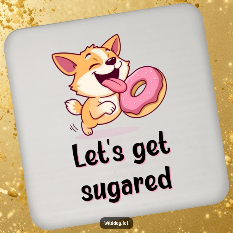 Funny drink coasters with a joyful dog with its tongue out, hilariously chasing a rolling donut, offering humorous surface protection.