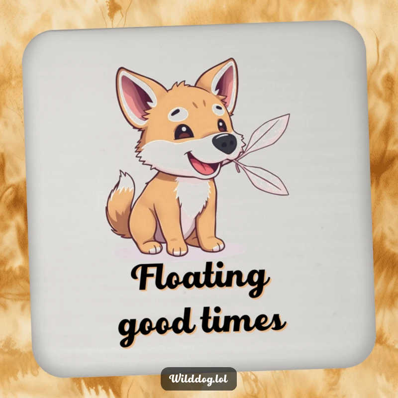 Funny wild dog reaching with its snout for a floating feather, set of coasters for drink protection and humorous table decor.