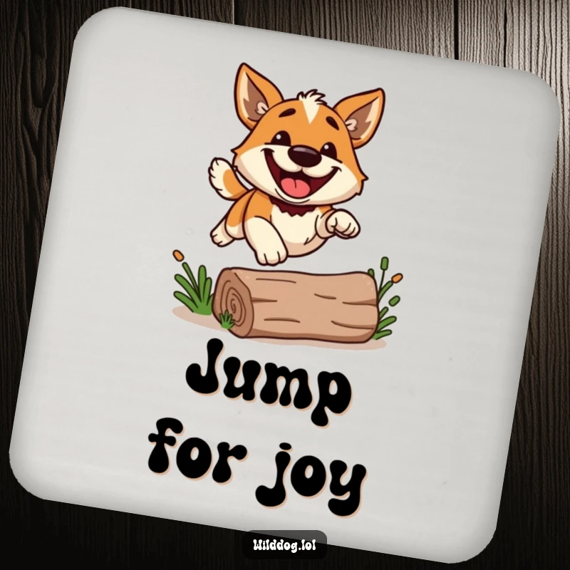 Funny wild dog with a big grin, leaping over a log, on a drink coaster, for adding humor to surfaces.