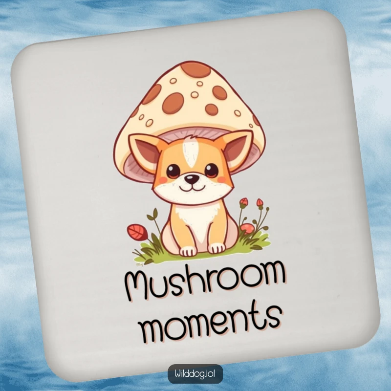 Funny Kawaii Wild Dog Coaster: Adorable dog peeking from behind a mushroom, a cute and functional accessory to protect surfaces with humor.