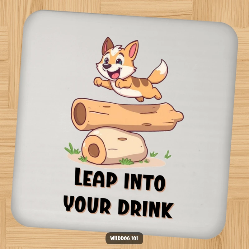 Funny coaster featuring an energetic wild dog leaping over a log, protecting surfaces with a dynamic design.