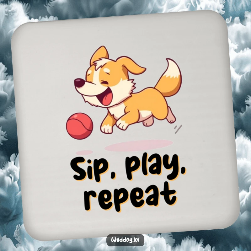 Funny coaster featuring a happy wild dog chasing a bouncing ball, protecting surfaces with a playful design.