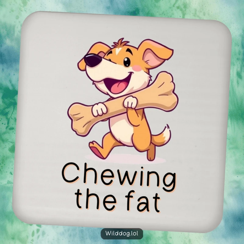 Funny wild dog drink coaster with a happy dog carrying a large bone, ideal for table protection.