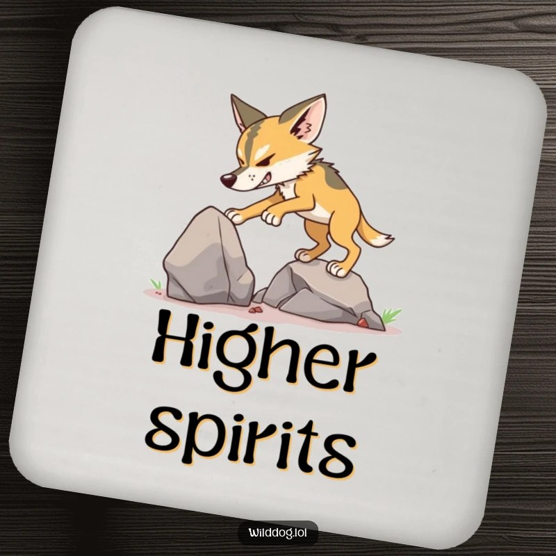 Funny Wild Dog Climbing Coasters featuring a dog determinedly climbing a small rock.