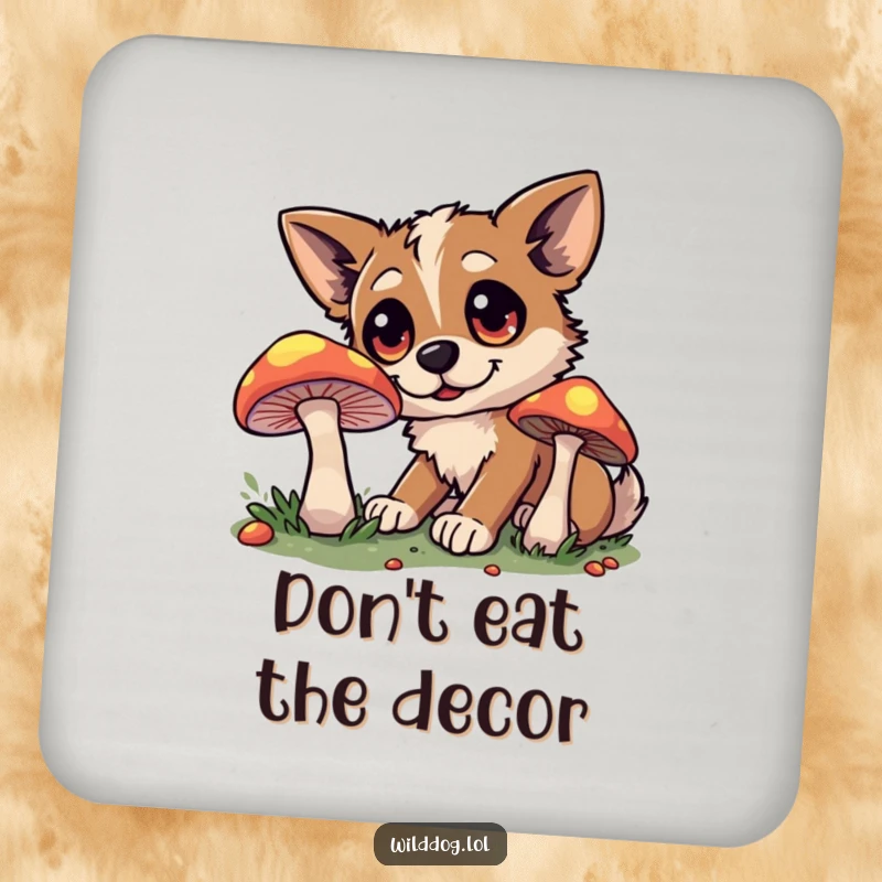 Funny drink coaster showing a wide-eyed wild dog discovering a mysterious, glowing mushroom.