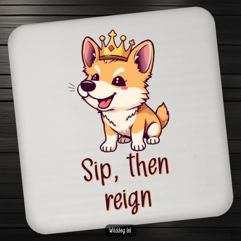 Funny wild dog coaster depicting a playful crowned dog barking, protecting tables with humor.