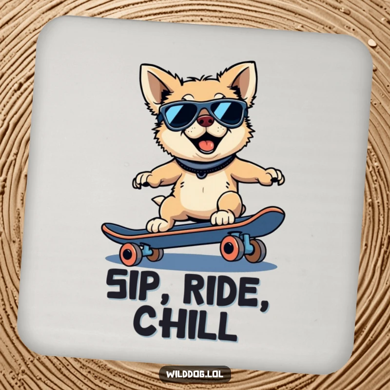 Funny wild dog coaster depicting a cool dog wearing sunglasses, riding a skateboard downhill, protecting tables.