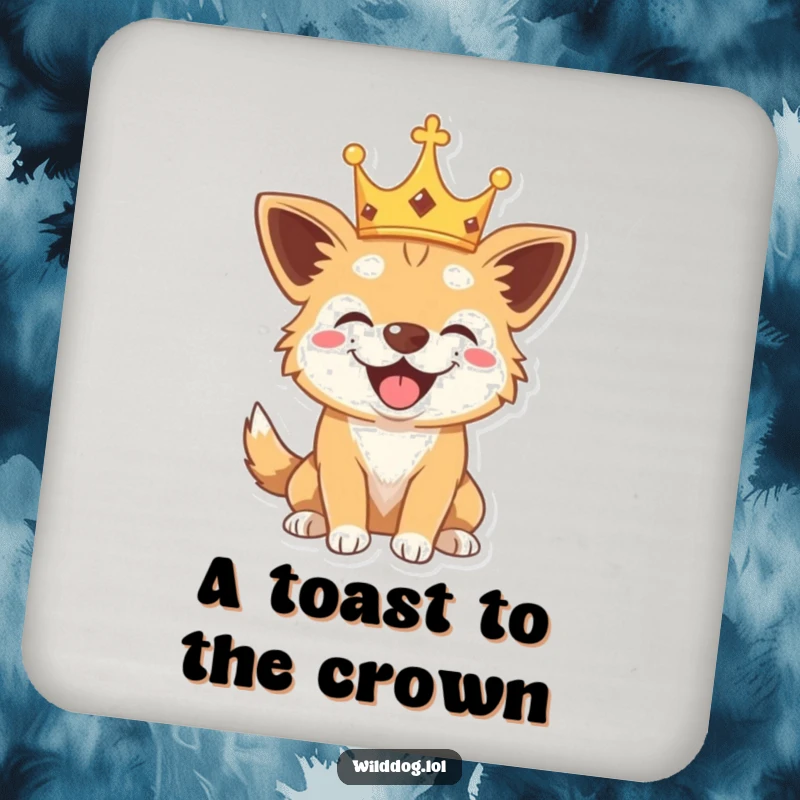 Funny drink coaster featuring a wild dog wearing a crown and barking playfully, protecting surfaces with royal humor.