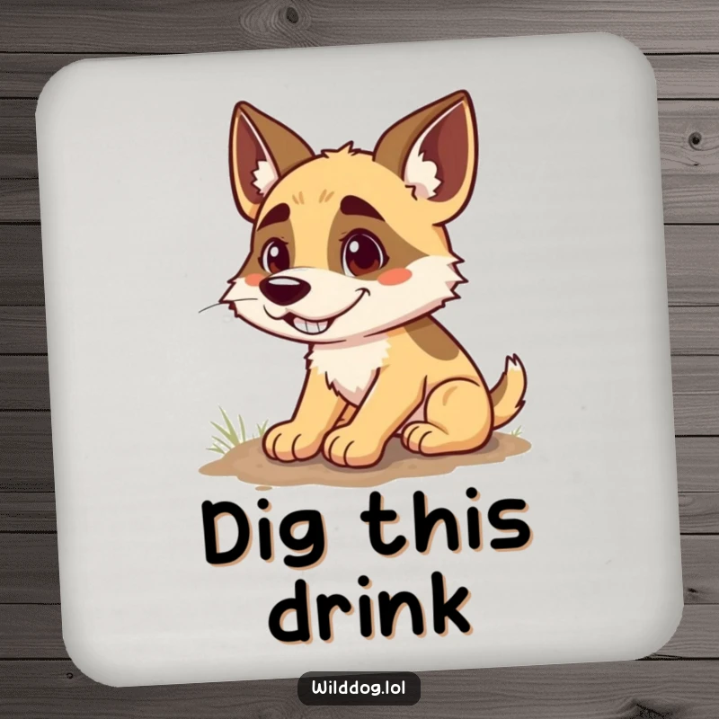 Funny drink coaster showing a wild dog with a broad, goofy grin, paws busy digging, a humorous addition to any surface that needs protection.