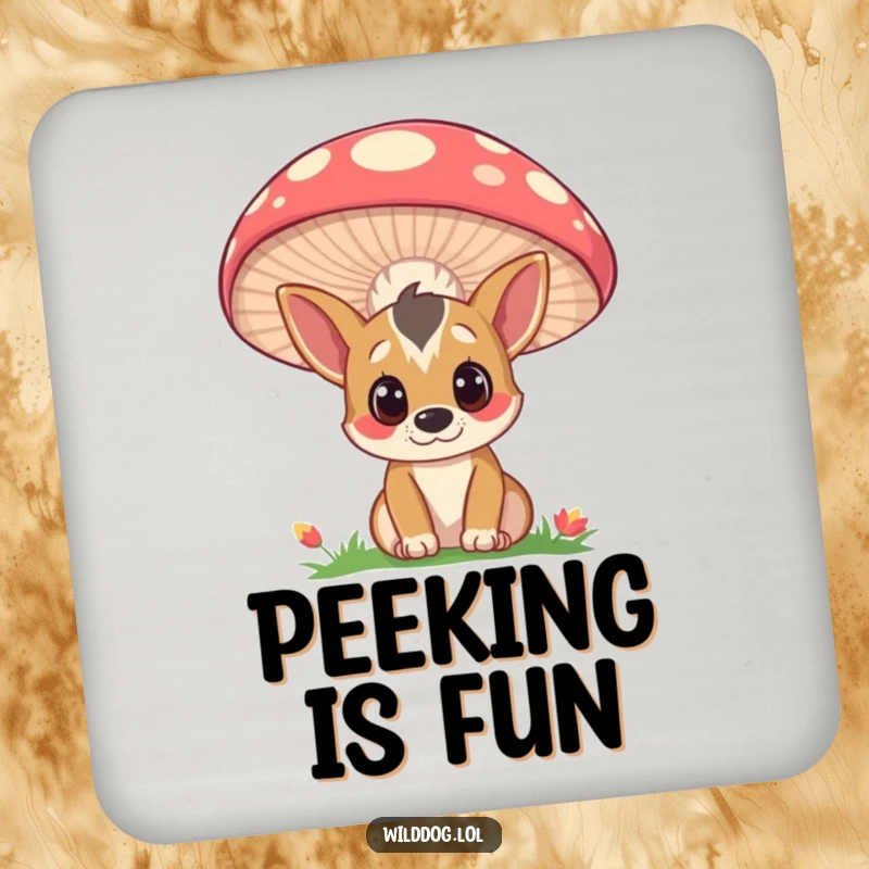 Funny drink coasters featuring a curious wild dog peeking from behind a large, colorful mushroom, adding a whimsical accent to any table.