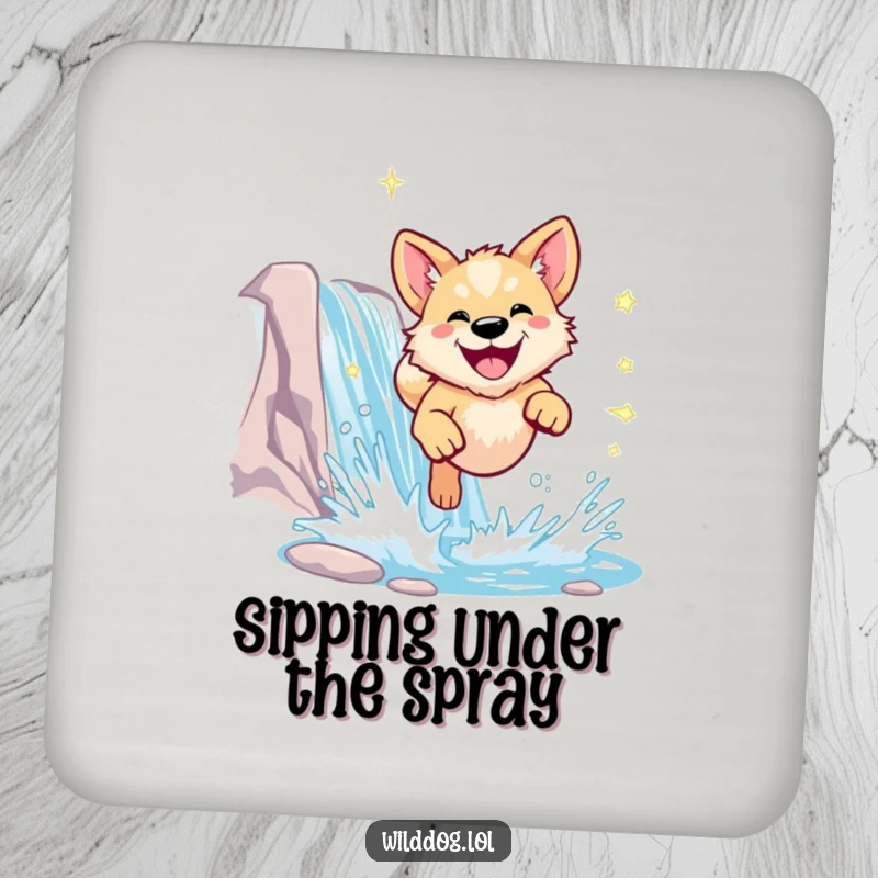 Funny wild dog drink coaster with a dog leaping through a waterfall, ideal for table protection.