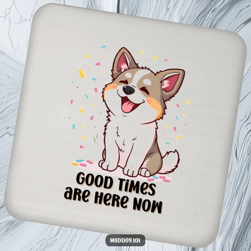 Funny drink coaster with a wild dog joyfully scattering colorful confetti, protecting surfaces with a festive design.