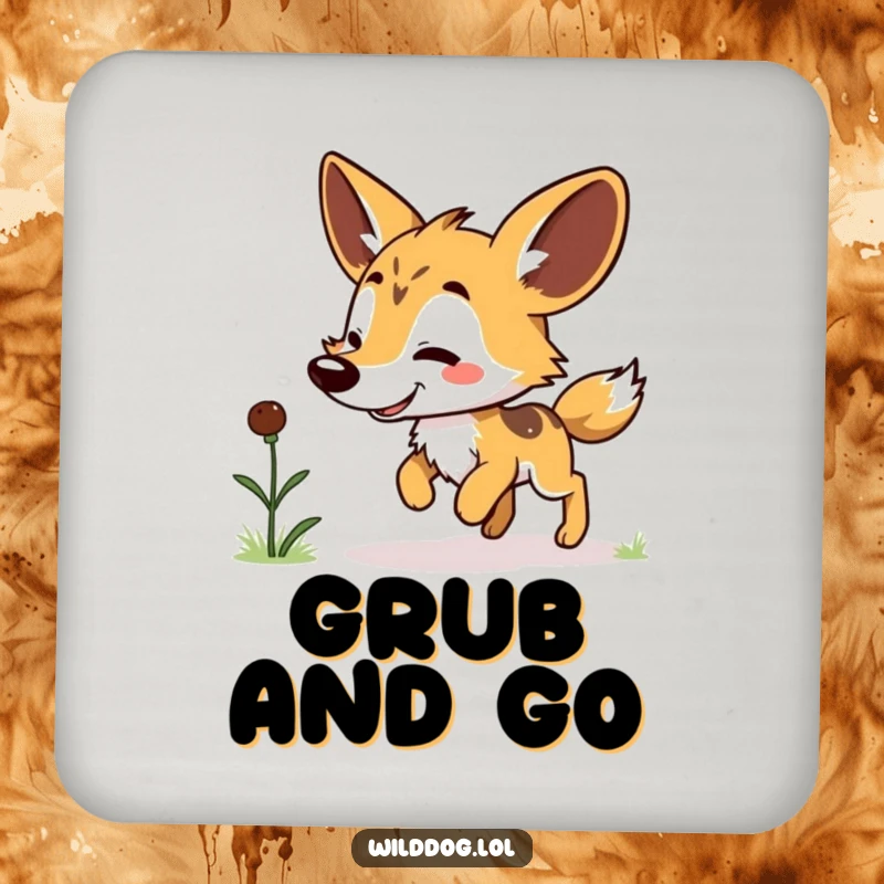 Funny Kawaii Wild Dog Coaster: Adorable dog doing a little hop for a grub, a cute and functional accessory to protect surfaces with humor.